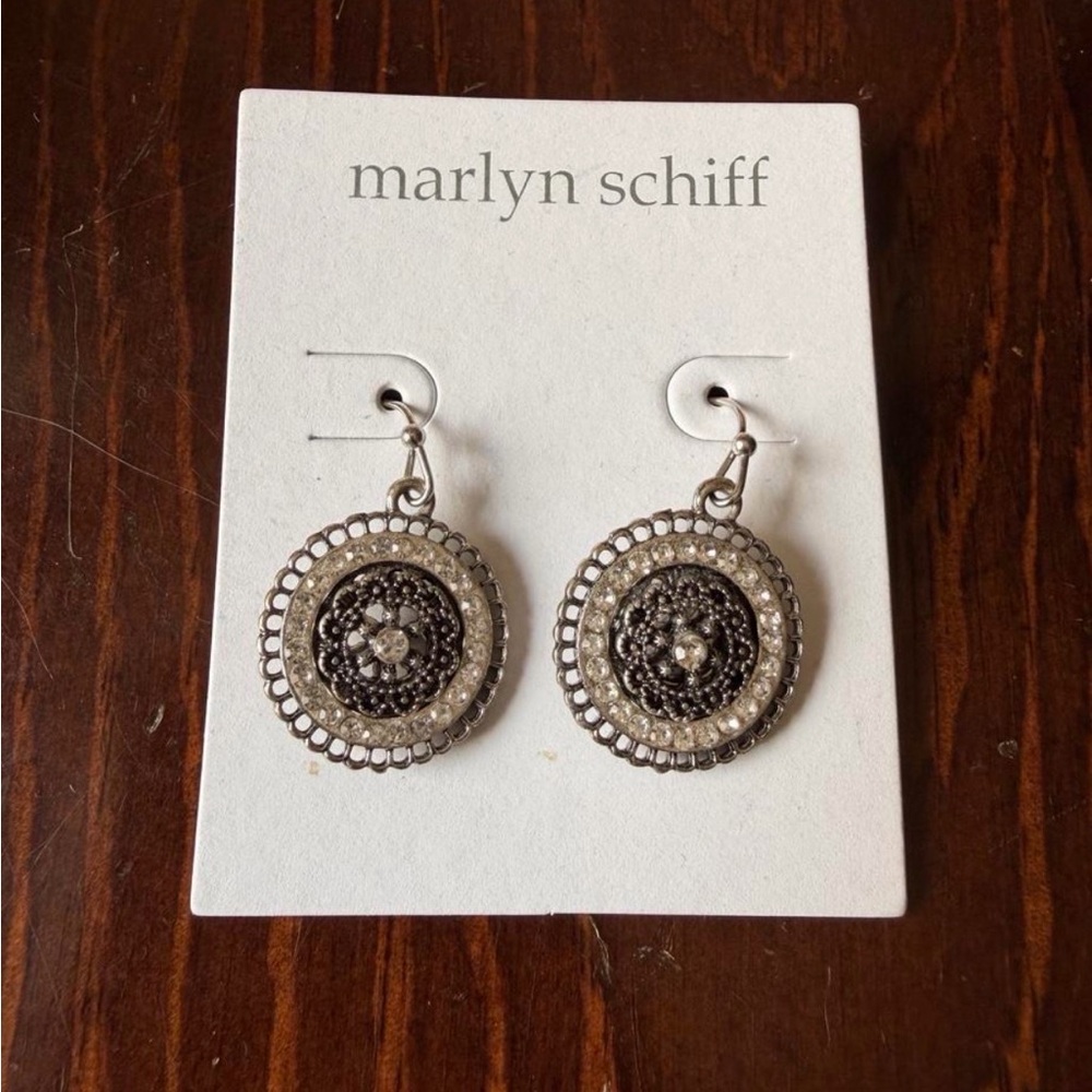 Marlyn Schiff Silver-Tone Round Filigree Crystal Drop Earrings